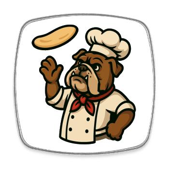 Bulldog Chef lançant la pâte à pizza Art de dessin animé - Magnet carré - blanc - Devant