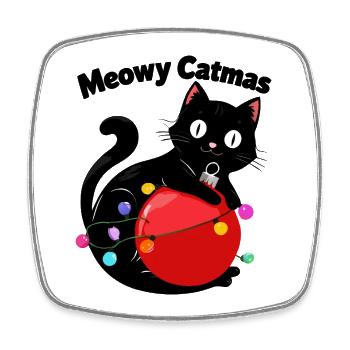Meowy Catmas - Cat with Christmas Ball - Square fridge magnet - white - Front