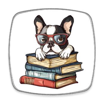 Mignon livre de lecture pour chien Boston Terrier avec des lunettes - Magnet carré - blanc - Devant