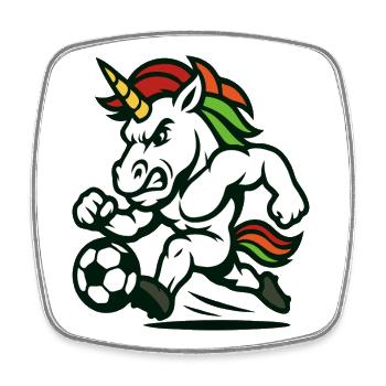 Unicorn Soccer Maskottchen stürmt nach vorne - Viereckiger Kühlschrankmagnet - Weiß - Vorne