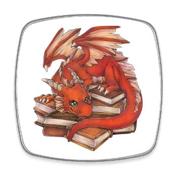 Niedlicher Roter Drache auf Bücherstapel Geschenk - Viereckiger Kühlschrankmagnet - Weiß - Vorne