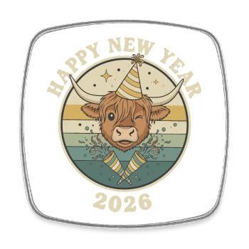 Highland Cow Silvester 2026 Lustiges Partyhut - Viereckiger Kühlschrankmagnet - Weiß - Vorne