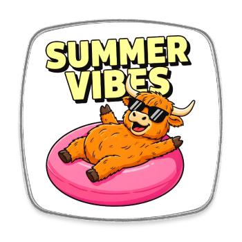 Summer Vibes Highland-Kuh auf rosa Festwagen - Viereckiger Kühlschrankmagnet - Weiß - Vorne