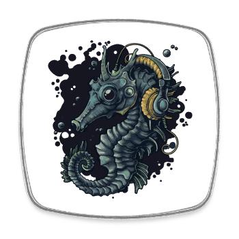 Seahorse with headphones motif - Square fridge magnet - white - Front