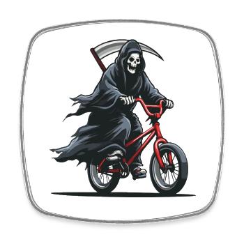 Sensenmann auf Fahrrad – dunkles Humor Motiv - Viereckiger Kühlschrankmagnet - Weiß - Vorne