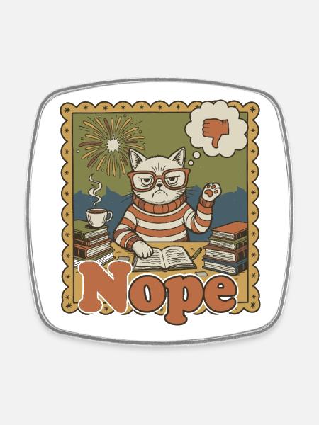 Nope Cat: Retro Nerd Desk Art - Square fridge magnet - white