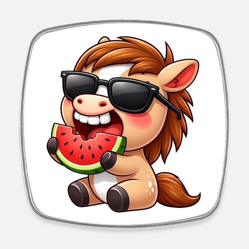 Cooles Pferd mit Melone Sommer Sonne Reiten - Viereckiger Kühlschrankmagnet - Weiß