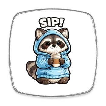 Raccoon in Hoodie Sip Coffee - Square fridge magnet - white - Front
