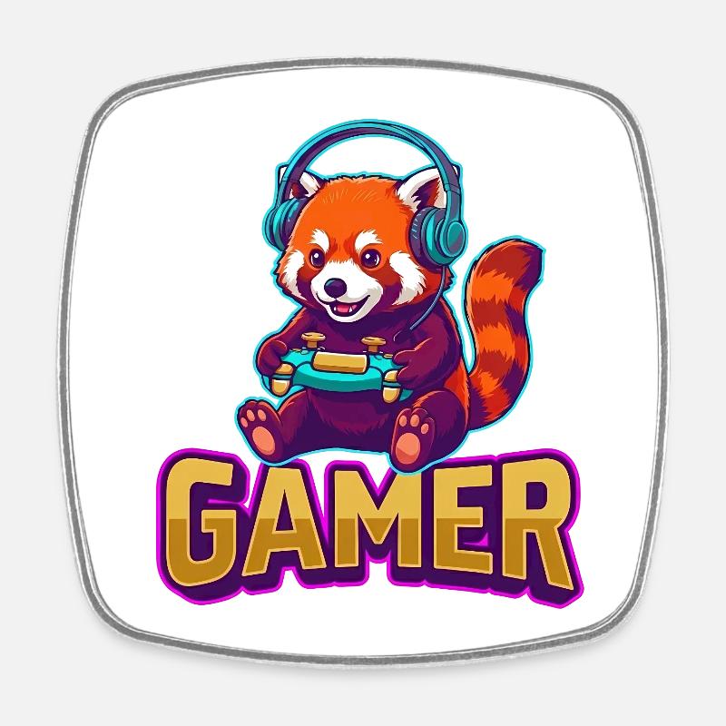 Joueur Red Panda avec casque - Magnet carré - blanc