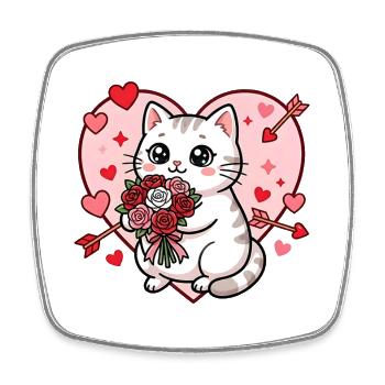 Kawaii Katze Valentine Rosen Bouquet Herz - Viereckiger Kühlschrankmagnet - Weiß - Vorne