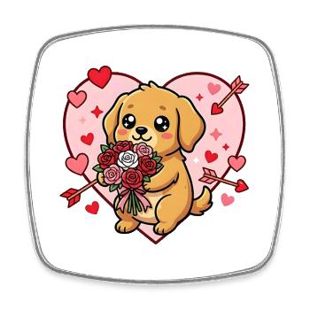 Cœur de Saint-Valentin de chien kawaï avec des roses - Magnet carré - blanc - Devant