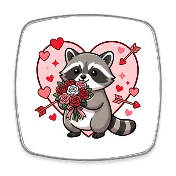 Kawaii Waschbär-Valentins-Blumenherz - Viereckiger Kühlschrankmagnet - Weiß - Vorne