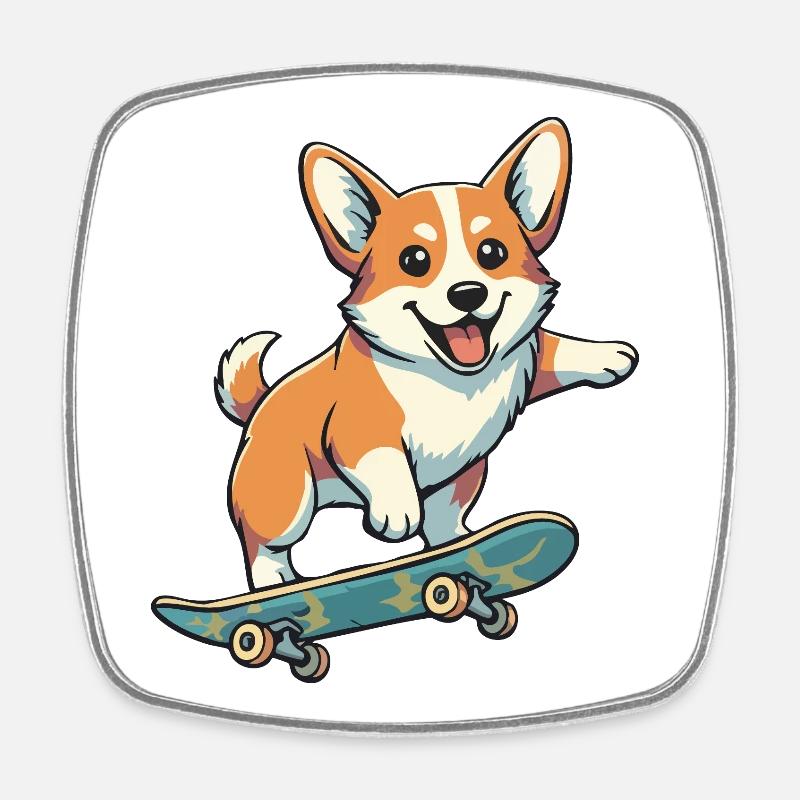 Corgi Colorful Skateboard - Square fridge magnet - white