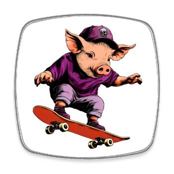 Skateboard cochon / Cochon skateur - Magnet carré - blanc - Devant