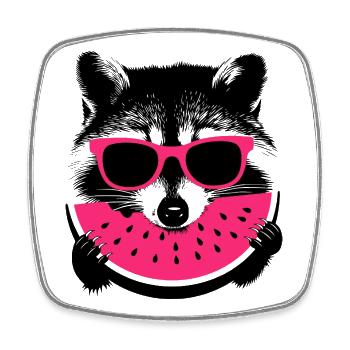Raccoon in pink sunglasses eating melon - Square fridge magnet - white - Front