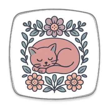 Chat rose endormi dans une couronne de fleurs - Magnet carré - blanc - Devant