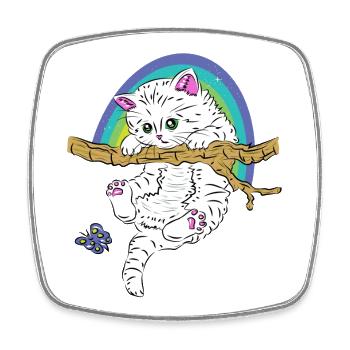 Cat on branch plays with butterfly - Square fridge magnet - white - Front