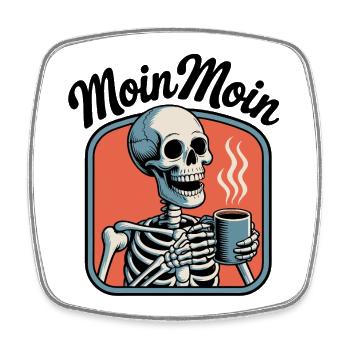Moin Moin Kaffeetrinkendes Skelett - Viereckiger Kühlschrankmagnet - Weiß - Vorne