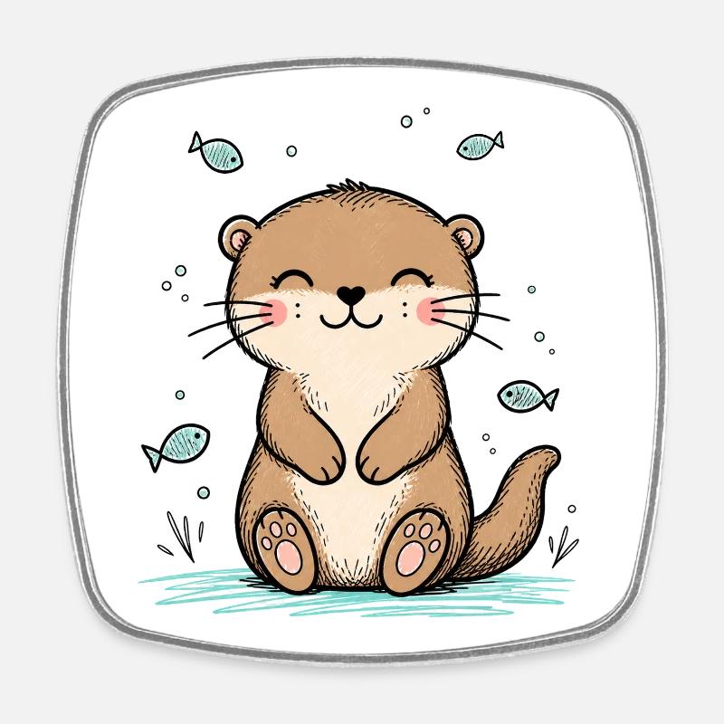 Happy Doodle Otter - Square fridge magnet - white