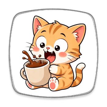 Chat mignon Coffee Coffee Lover dessin animé drôle - Magnet carré - blanc - Devant