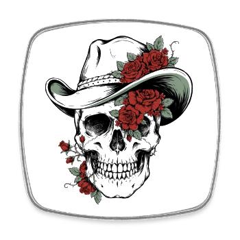 Totenkopf Schädel Cowboy Hut Rosen Blüten Western  - Viereckiger Kühlschrankmagnet - Weiß - Vorne