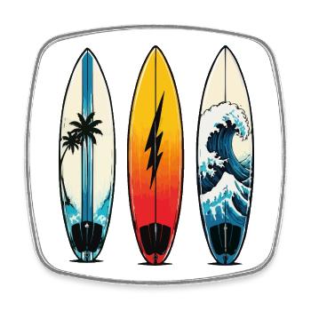 Trois planches de surf : vagues et palmiers - Magnet carré - blanc - Devant