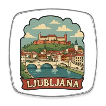 Ljubljana Slovenia Castle Vintage Travel Badge - Square fridge magnet - white - Front