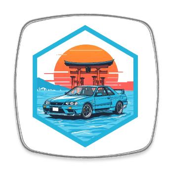 Retro 90er JDM R34 Torii Gate Japan Hex-Emblem - Viereckiger Kühlschrankmagnet - Weiß - Vorne