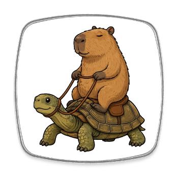 Capybara Rides Turtle Cartoon - Square fridge magnet - white - Front