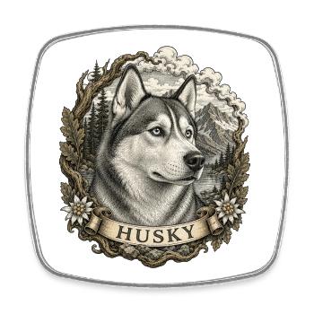 Husky in vintage style with mountain landscape - Square fridge magnet - white - Front