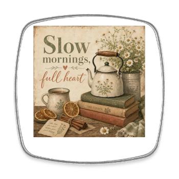 Slow Mornings Full Heart Poster Coffee Tea Decoration - Square fridge magnet - white - Front
