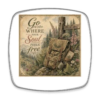 Hiking Backpack Retro Mural Nature Decoration Poster - Square fridge magnet - white - Front