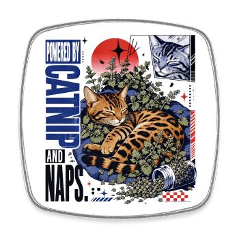 Powered by Catnip and Naps – Cozy Bengal Cat - Square fridge magnet - white - Front