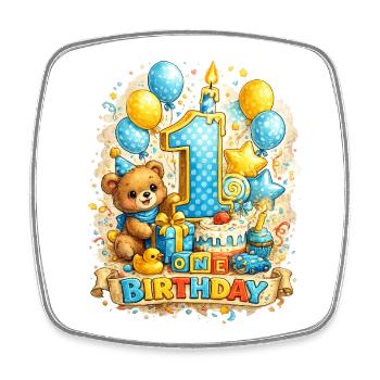 Gâteau ballon Teddy pour son premier anniversaire - Magnet carré - blanc - Devant