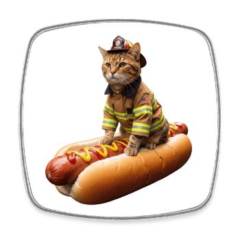 Chat pompier drôle sur un hot-dog - Magnet carré - blanc - Devant