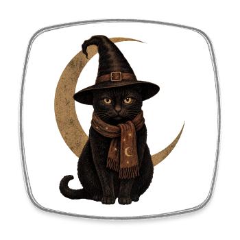 T-shirt vintage d’Halloween Chat Noir Chapeau de Sorcière - Magnet carré - blanc - Devant