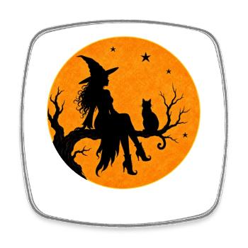 Sorcière d’Halloween avec un motif de t-shirt de chat en pleine lune - Magnet carré - blanc - Devant