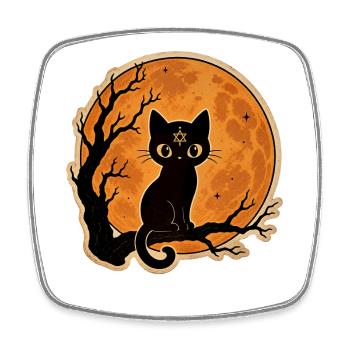 Black Cat in Front of Full Moon Halloween Motif - Square fridge magnet - white - Front