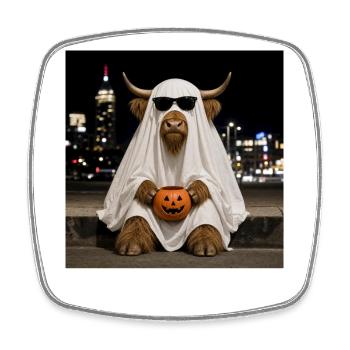 Fantôme d’Halloween de la vache des Highlands avec T-shirt citrouille - Magnet carré - blanc - Devant