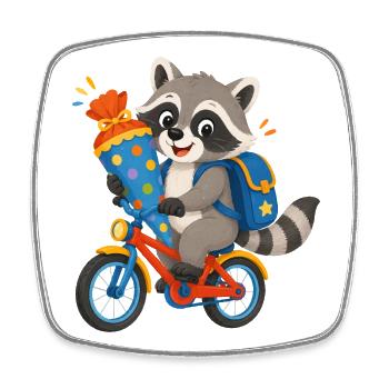 Raton laveur avec cône d’école sur vélo - Magnet carré - blanc - Devant