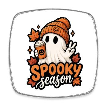 Spooky Season Ghost with Pumpkin Hat - Square fridge magnet - white - Front