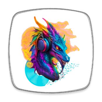 D.J. Dragon with Headphone Fire Vinylrecord notes - Square fridge magnet - white - Front