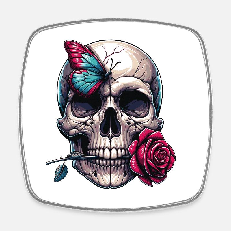 Crâne avec rose rouge et papillon - Magnet carré - blanc