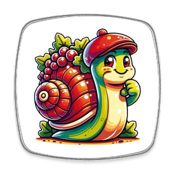Petit escargot mignon avec casquette de baseball et raisins - Magnet carré - blanc - Devant