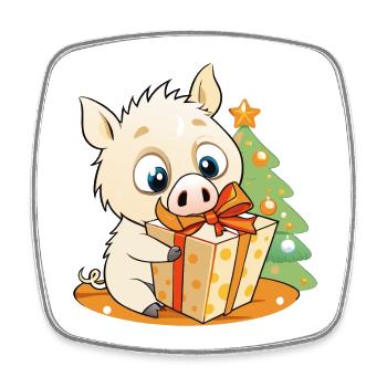 Cute wild boar with gift for Christmas - Square fridge magnet - white - Front