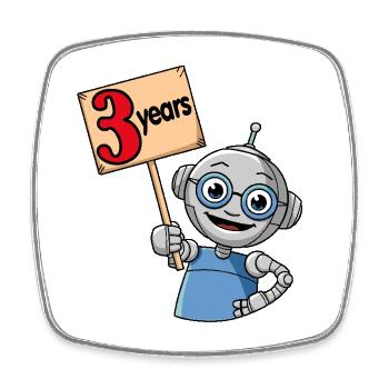 three years of the third birthday of a small robot - Square fridge magnet - white - Front