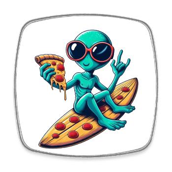 Alien alien surfer surfing pizza - Square fridge magnet - white - Front