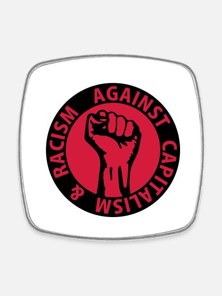 2 colors - against capitalism & racism - against - Square fridge magnet - white
