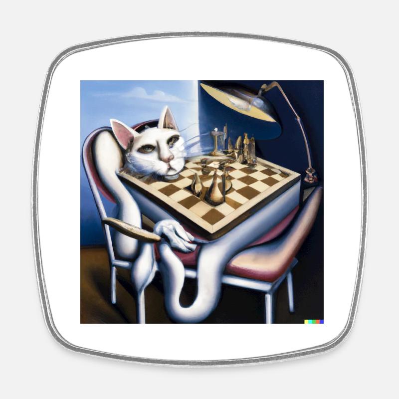 Cat plays chess - Square fridge magnet - white