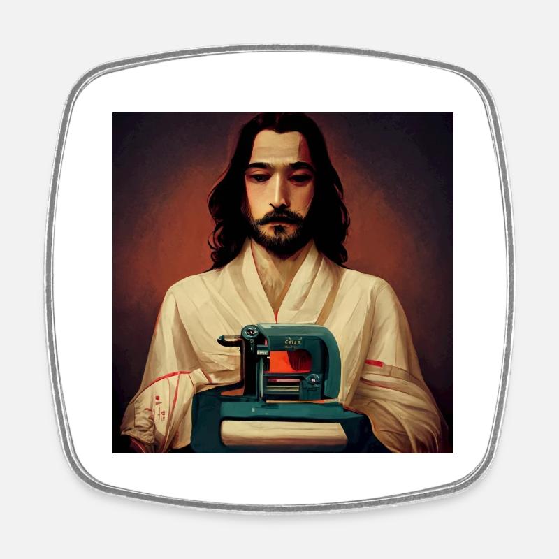 Jésus à la machine à coudre - Magnet carré - blanc